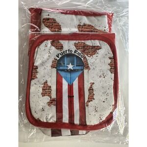 Puerto Rico Kitchen Pot Holder and Mitts 2 Piece Set Red White Blue Cotton